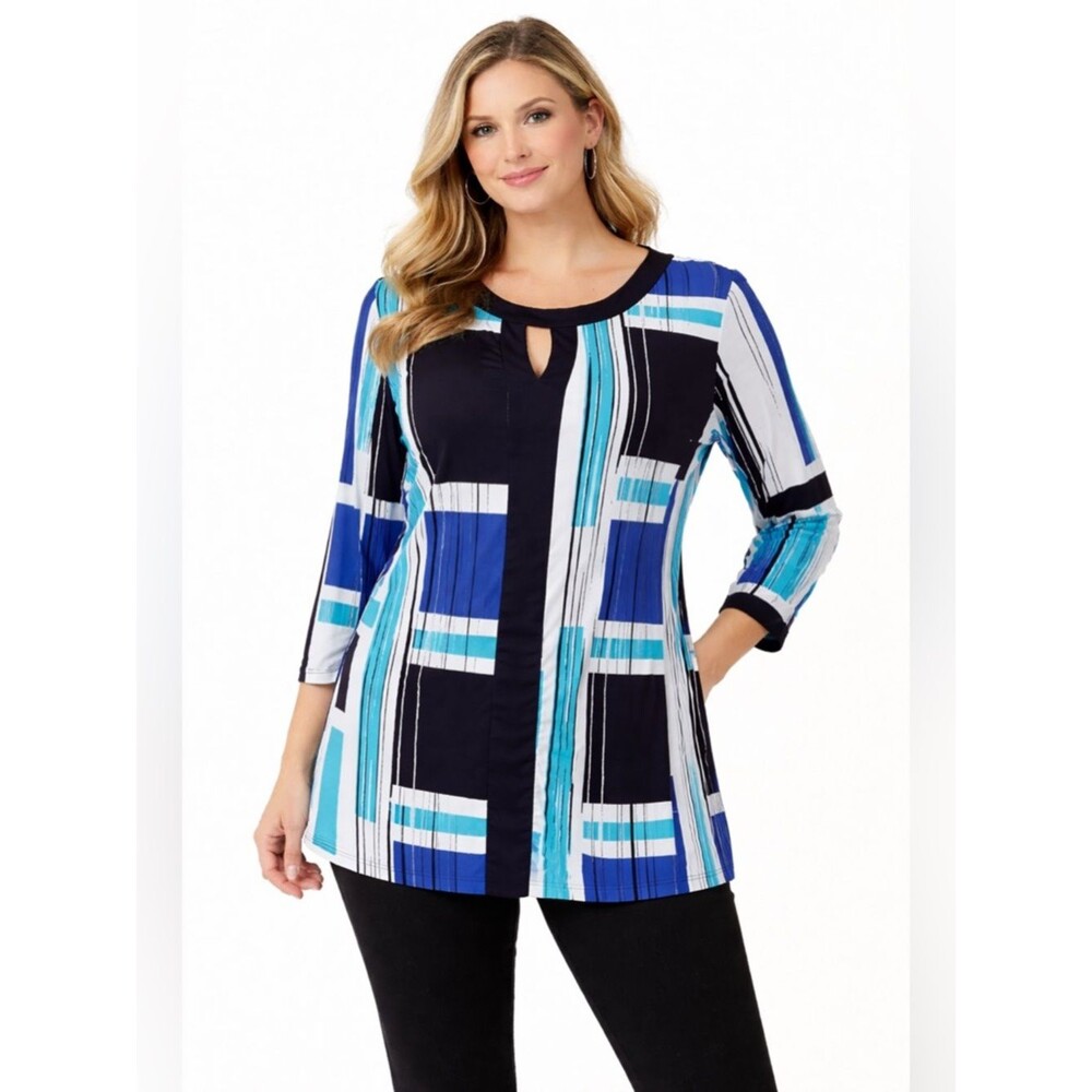 New York & Company Blue Black Deco Print Tunic Blouse Women's Size Medium M EUC